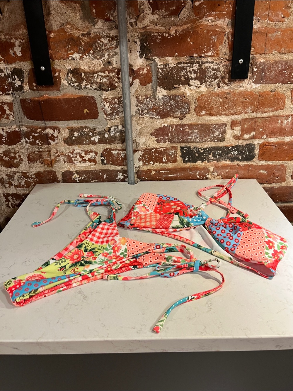 Floral Patchwork Tie-Side Bikini Top and Bottom - Multicolor